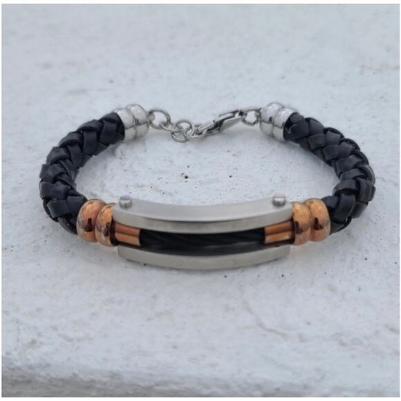 Italgem CABLE BLACK LEATHER BRACELET - Picture 1 of 4
